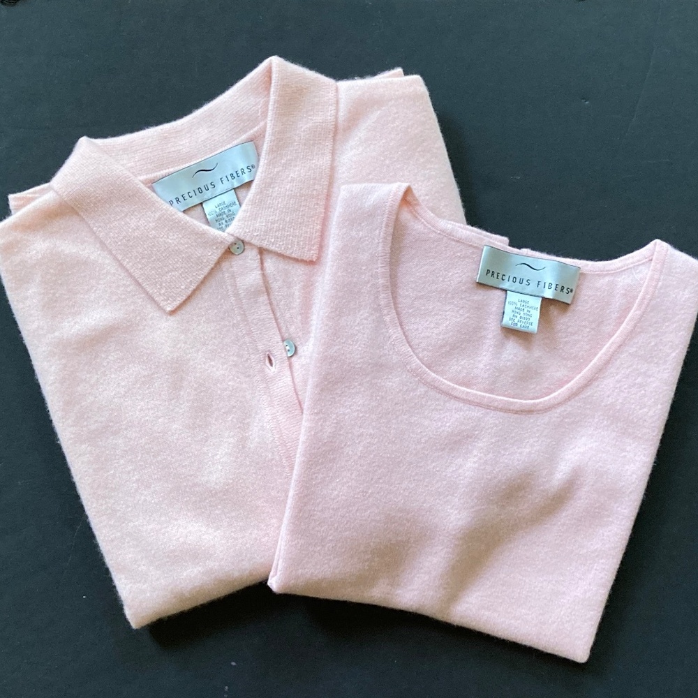 Precious Fibers 2-Ply Cashmere Botton Front Cardigan & Shell/Pale Pink/L/NWOT!